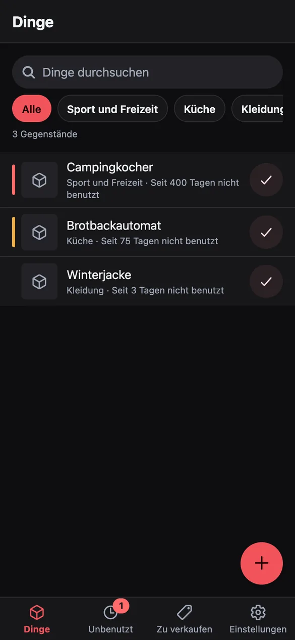 Bildschirm Dinge: Liste mit Campingkocher, Brotbackautomat und Winterjacke