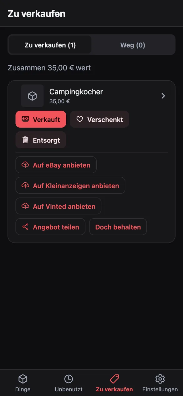 Bildschirm Zu verkaufen mit Buttons für Facebook Marketplace, eBay und Vinted