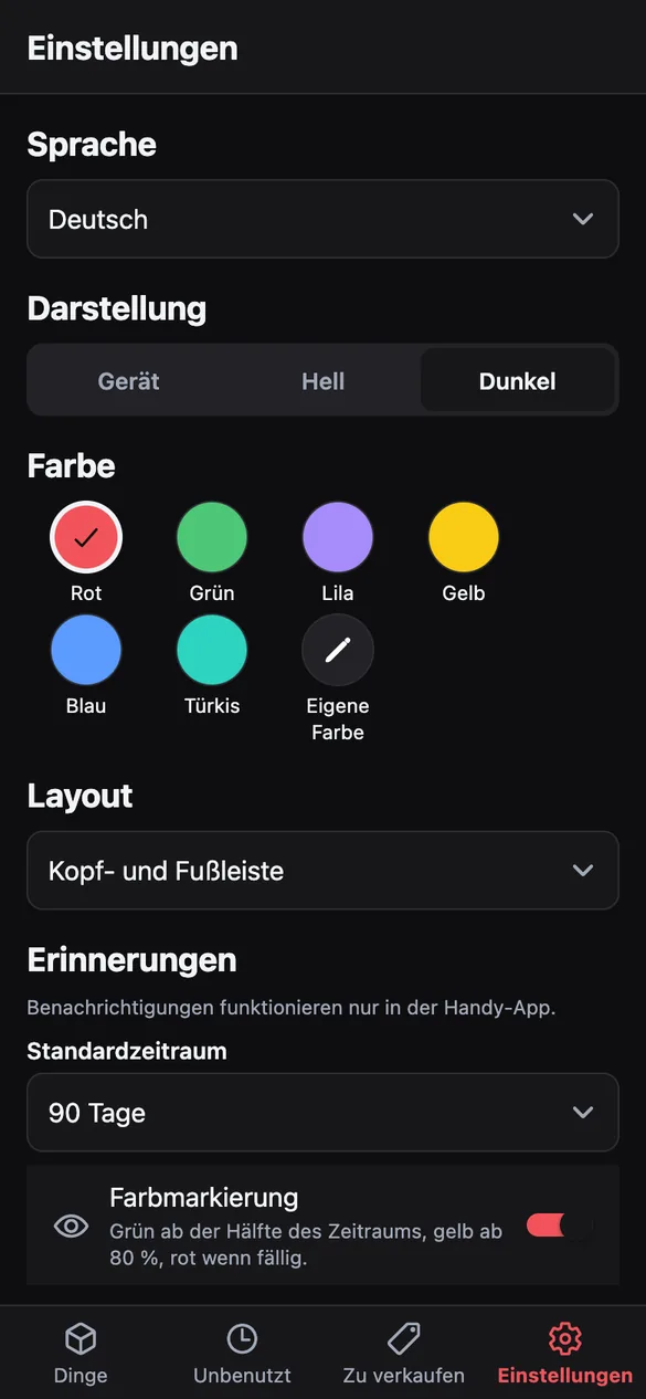 Bildschirm Einstellungen mit Sprache, Darstellung und Farbauswahl